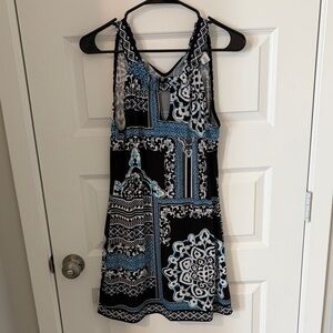 White House Black Market Black and Light Blue Patterned Mini Dress